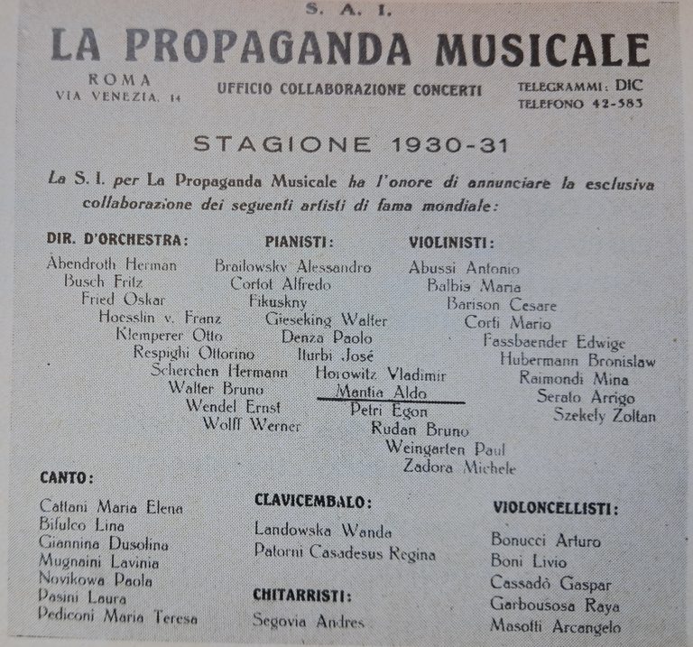 propaganda musicale Stagione 1930.1931 leggere nomi in cartellone